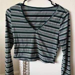 Striped V-Neck Long Sleeve Top - Green and White